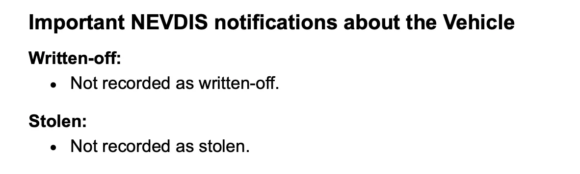 PPSR certificate excerpt: not recorded as written-off, not recorded as stolen