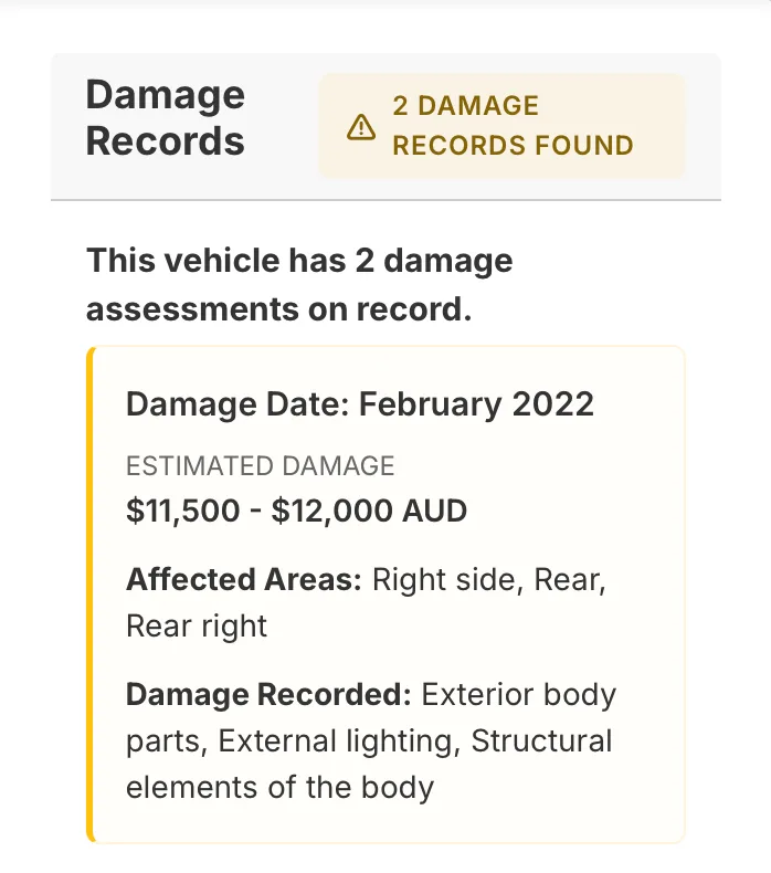 Damage records panel from the same car's report: two damage assessments, including one estimated at $11,500 to $12,000 with structural damage