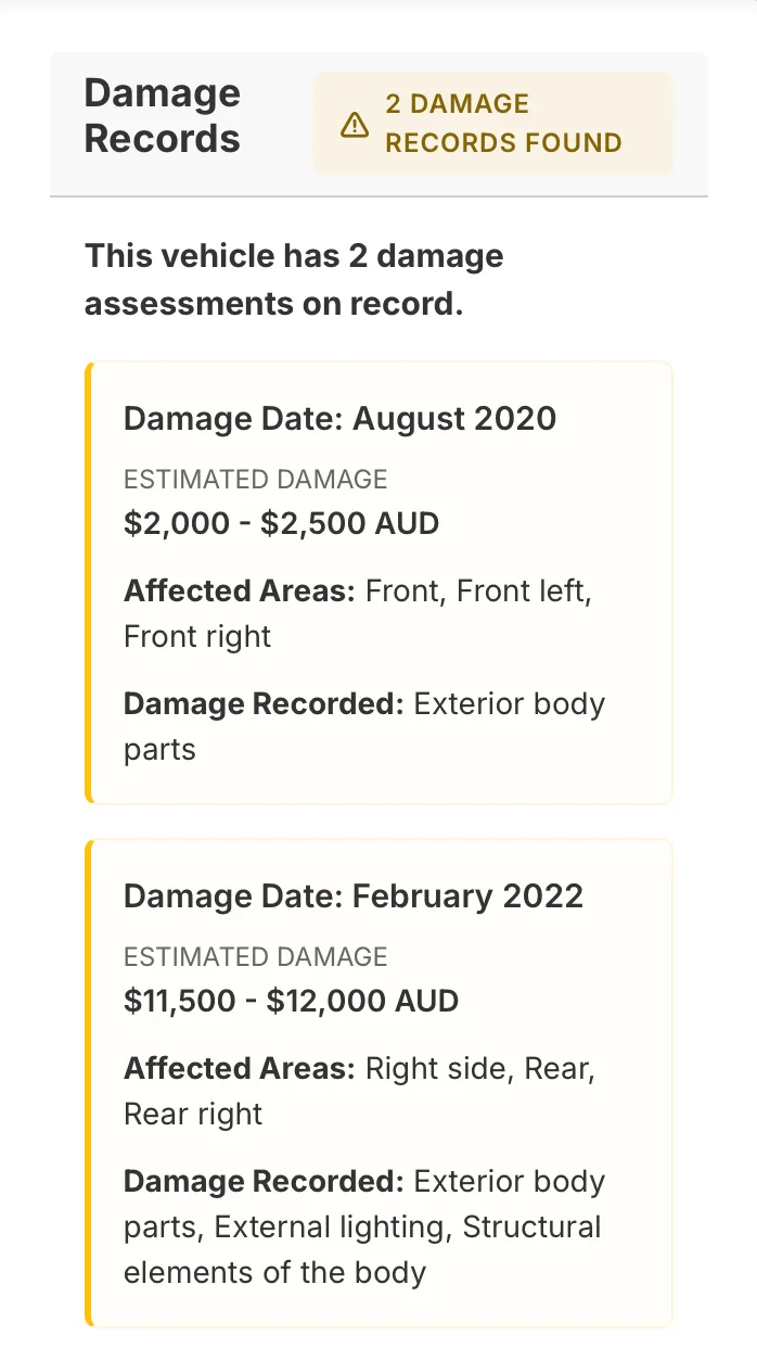 Damage records panel from the same vehicle's report: two damage assessments, one estimated at $2,000 to $2,500 and one at $11,500 to $12,000 including structural elements of the body