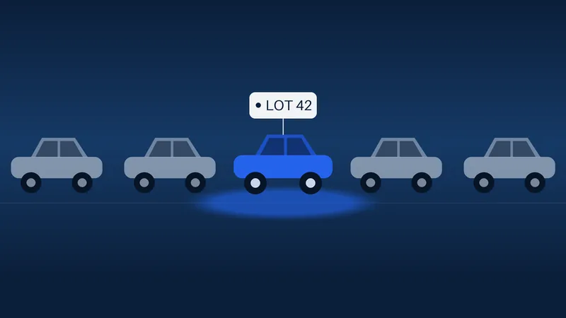 A row of flat car silhouettes on a dark navy background, with one car highlighted in blue beneath an auction lot tag