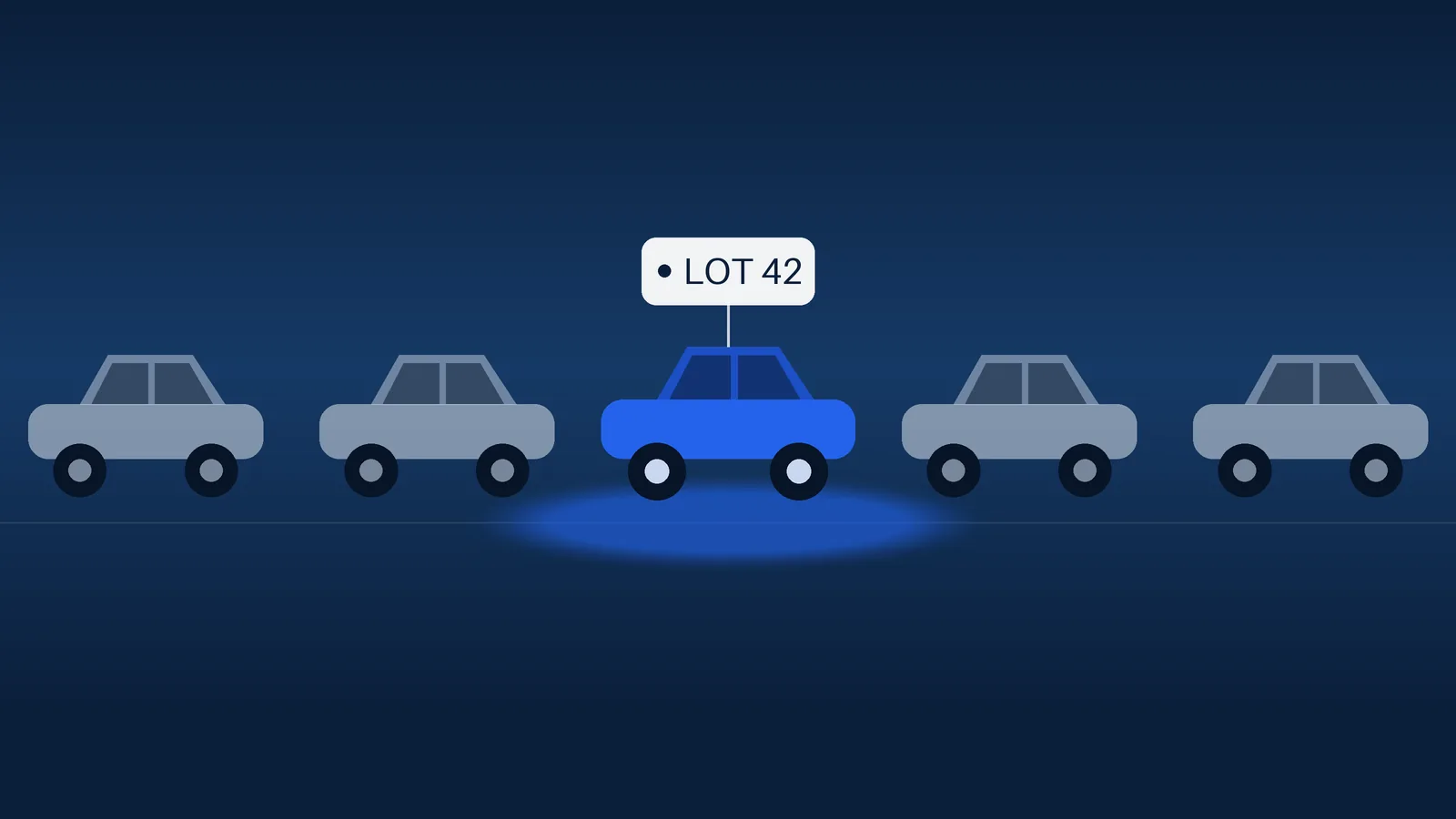 A row of flat car silhouettes on a dark navy background, with one car highlighted in blue beneath an auction lot tag
