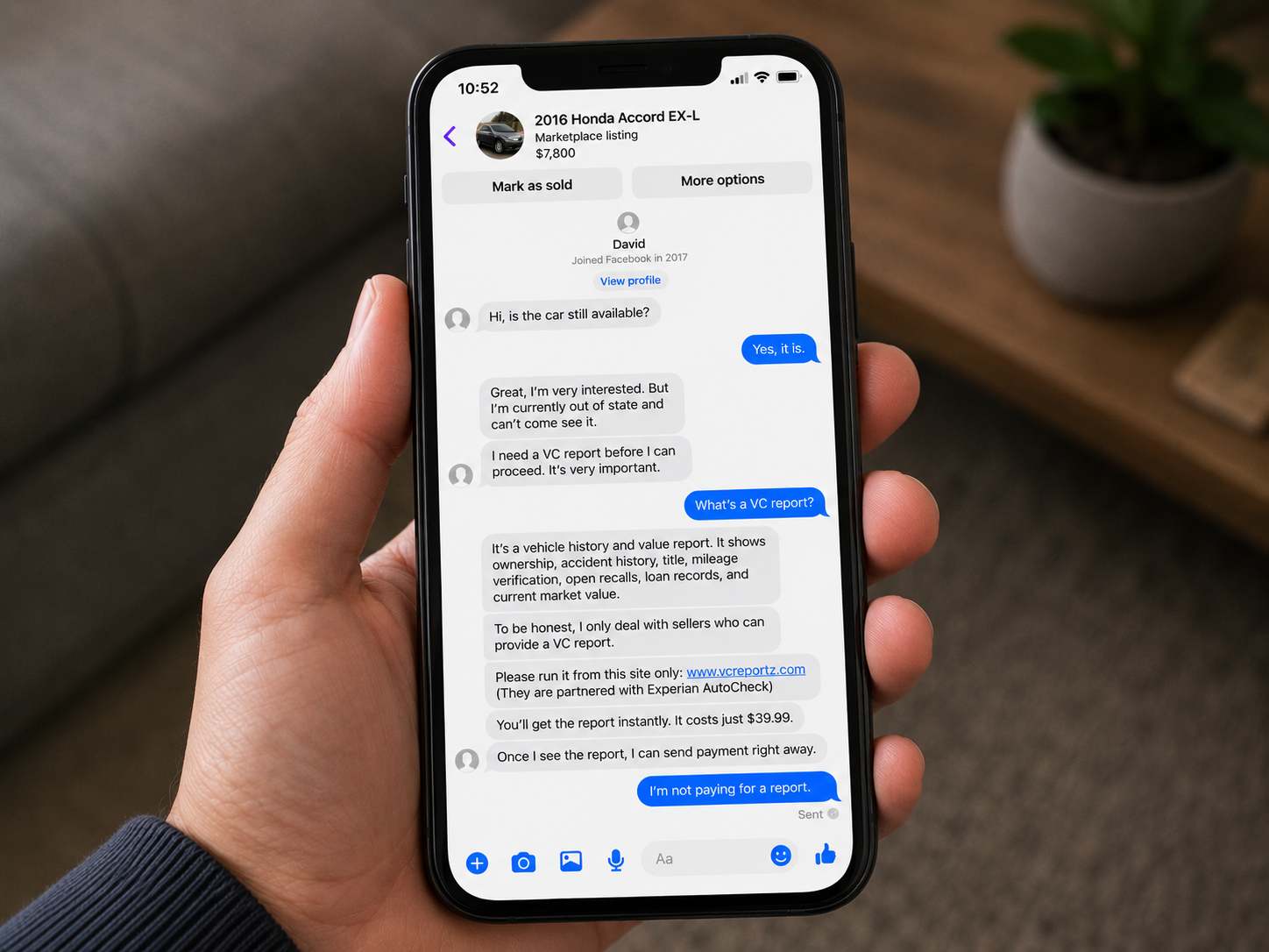 A Facebook Marketplace buyer pressuring a car seller to buy a vehicle history report from a specific website
