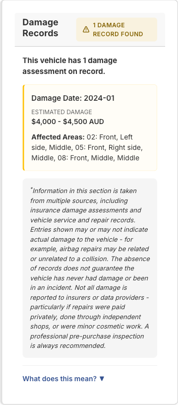 Damage records card from a MotorRegistry report showing a damage assessment with estimated repair cost and affected areas