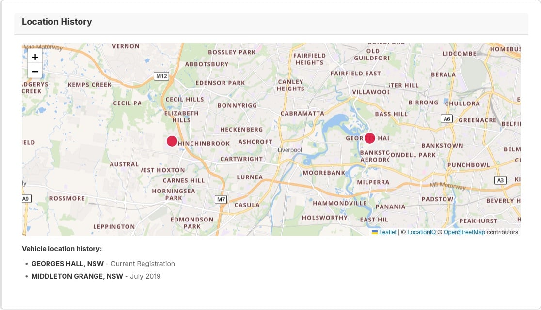 Location history map from a MotorRegistry report showing the suburbs a vehicle has been kept in