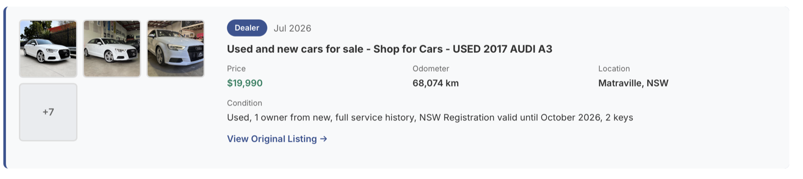 A past dealer listing found in a MotorRegistry report, with photos, price, odometer reading and location