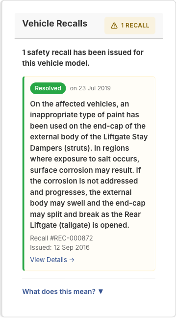 Recall card from a MotorRegistry report showing a safety recall marked as resolved