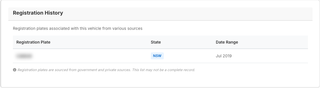 Registration history table from a MotorRegistry report listing plates and states associated with the vehicle